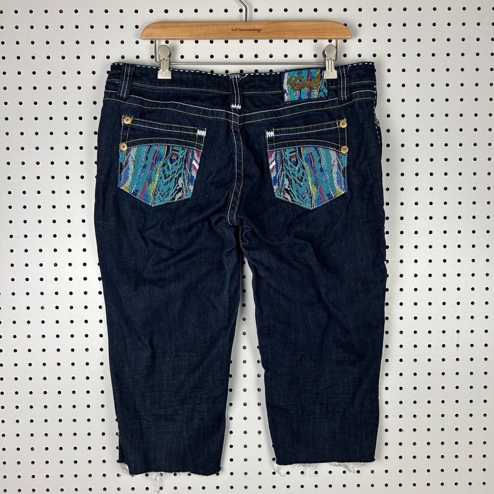 COOGI Embroidered Pocket Denim Capri Jeans Size 34 Dark Wash Cut Off Y2K Hip Hop